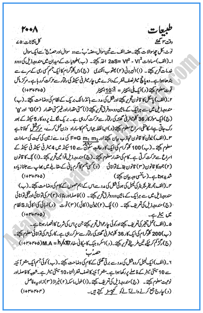 physics-urdu-2008-past-year-paper-class-x