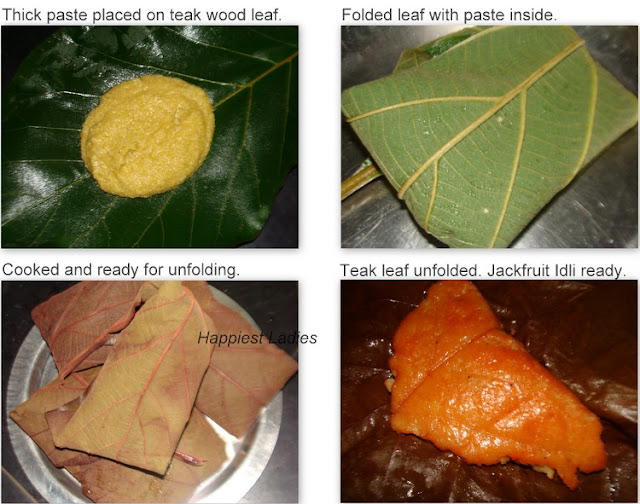 Jack fruit idli being cooked in teak wood leaf+fruit dishes