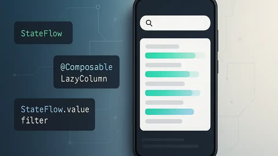 Dynamic Search Implementation in Jetpack Compose - Android Development Guide Android phone mockup showing dynamic search interface with Jetpack Compose code snippets and real-time filtering results