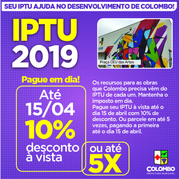 IPTU 2019 OFERECE 10% DE DESCONTO PARA PAGAMENTO À VISTA