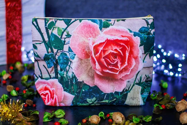 A large wash bag from ASDA photo showing a special pink rose covered with a fine layer of frost