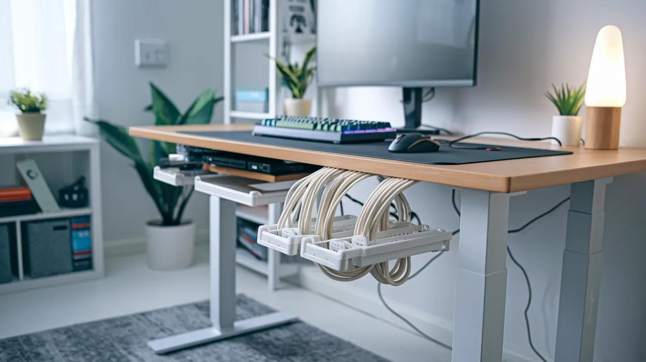 Tidy gaming desk with neatly organized cables using clips and trays, ensuring a clean and clutter-free workspace.