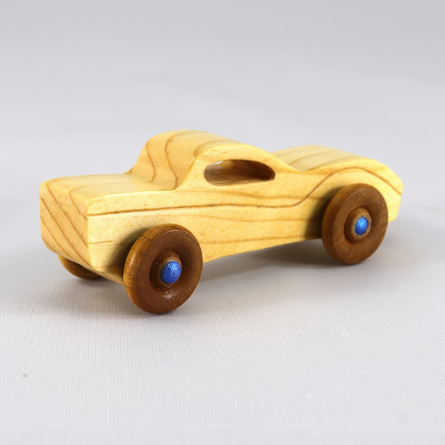 Wood Toy Car, Handmade and Finished with Beeswax, Amber Shellac, and Metallic Saphire Blue Acrylic Paint, Itty Bitty Coupe