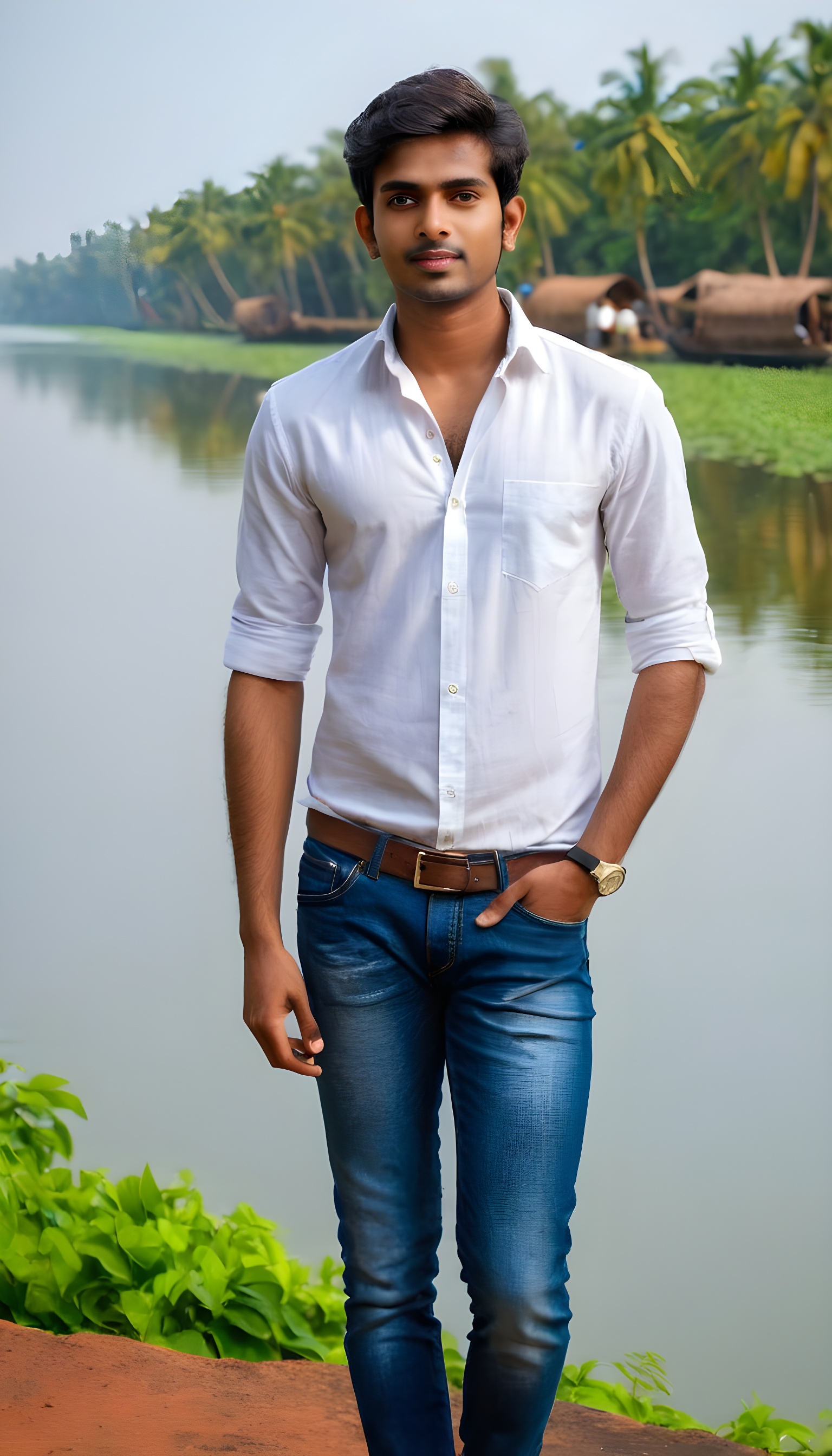 Indian man dressed in casual Button-up white shirt with jeans and enchanting captivating eyes