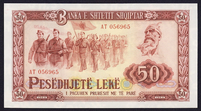 Albania Banknotes 50 Lek banknote 1964 Albanian partisans marching on parade