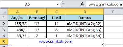 CONTOH PENGGUNAAN FUNGSI INT DENGAN FUNGSI MOD EXCEL