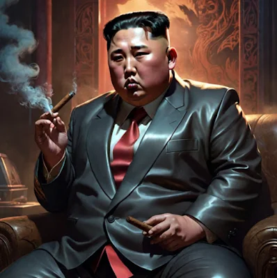 Kim Jong-un puffing a gar wearing black leather suit