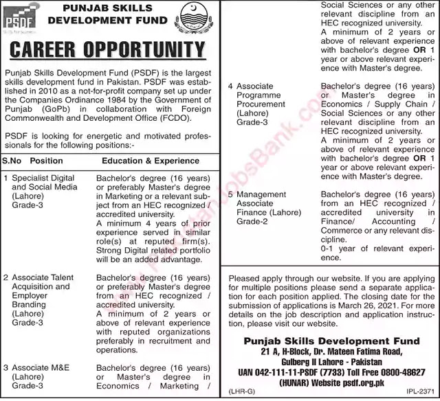 Latest Jobs in Pakistan Punjab Skills Development Fund Job 2021 | Apply Online