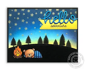 Sunny Studio: Critter Campout Hello Adventure Card (featuring Glow-in-the-dark background using Cascading Stars Stamps)