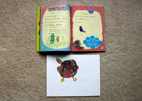 Tessa's completed work from pages 24-25 of the girls' book. The red robin picture is from the drawing lesson mentioned in the Closing Ceremony section below.
