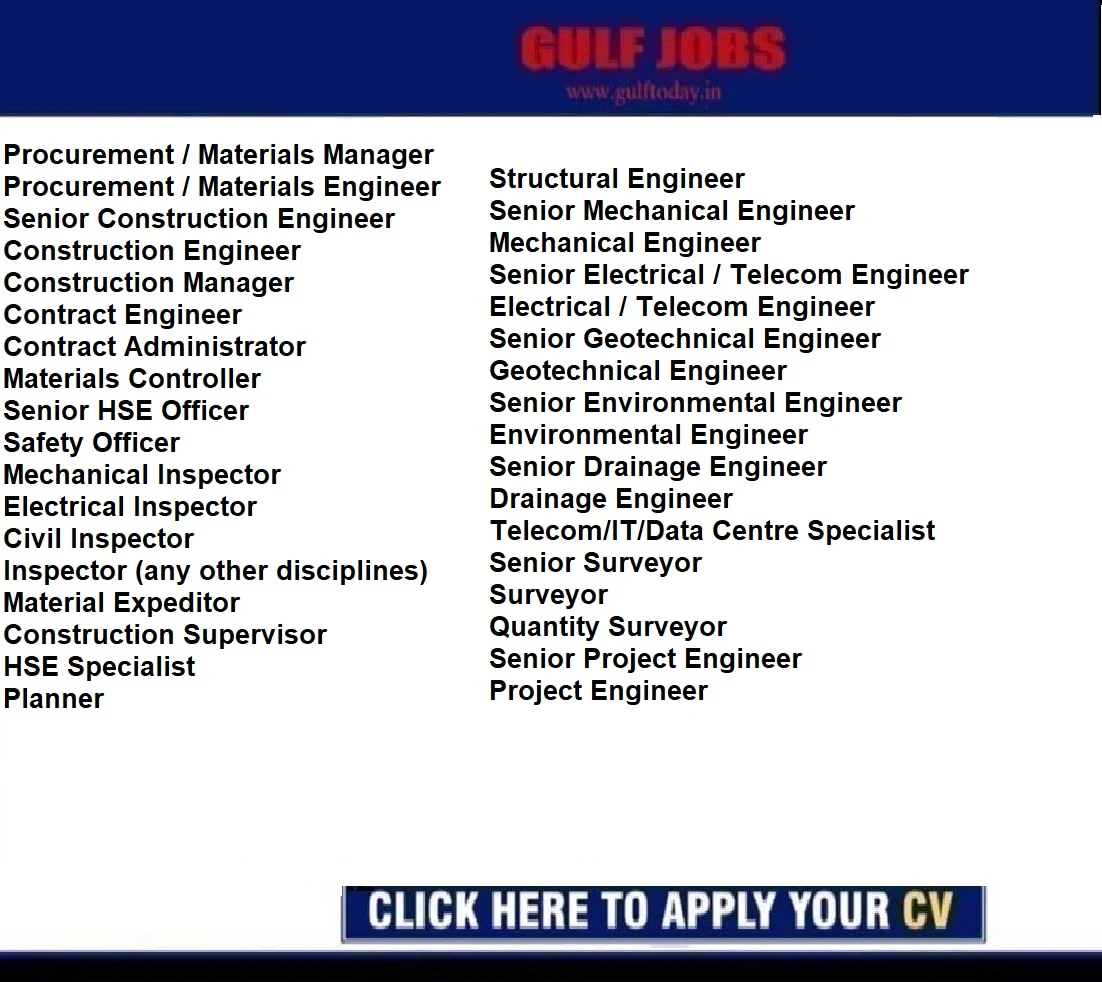 KSA Jobs-Materials Manager-Senior Construction Engineer-Construction Engineer-Construction Manager-Contract Engineer-Materials Controller-Senior HSE Officer-Safety Officer-Mechanical Inspector-Electrical Inspector-Civil Inspector-HSE Specialist-Commercial Manager-Senior Architect-Architect-Infrastructure Engineer-Senior Mechanical Engineer-Mechanical Engineer-Environmental Engineer-Quantity Surveyor-Project Engineer-Estimating Engineer-Cost Engineer-Draftsman