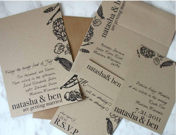 These green wedding invitation suite is printed on recycled card stock