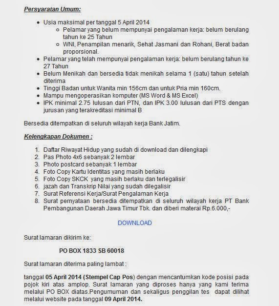 Jika semua persyaratan lowongan kerja bank jatim april 2014 terbaru ...