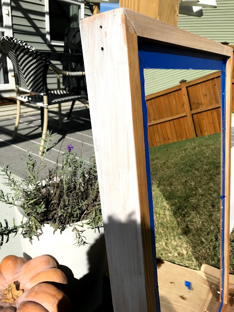 a pine mirror with a light coat of golden oak, followed by a thick coat of whitewash pickling stain