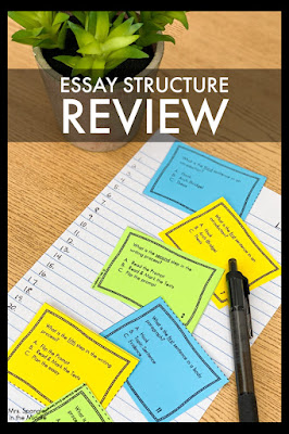 Review the structure of an essay with your middle school students using these task cards!   It's low prep, fun, and easy to grade!