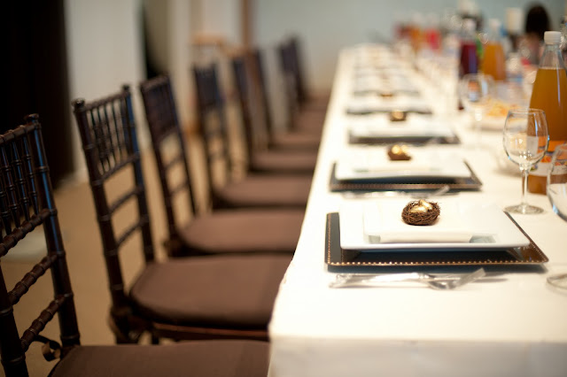 All of the guests including the bridal party seated at the head table 