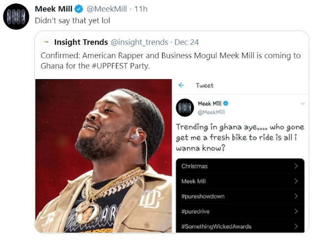 ‘Didn’t Say That…Lol’ - American Rapper, Meek Mill Reacts To Claims He’s Coming To Ghana