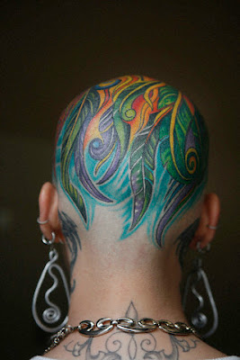 Colorful Feather Tattoos on the Head