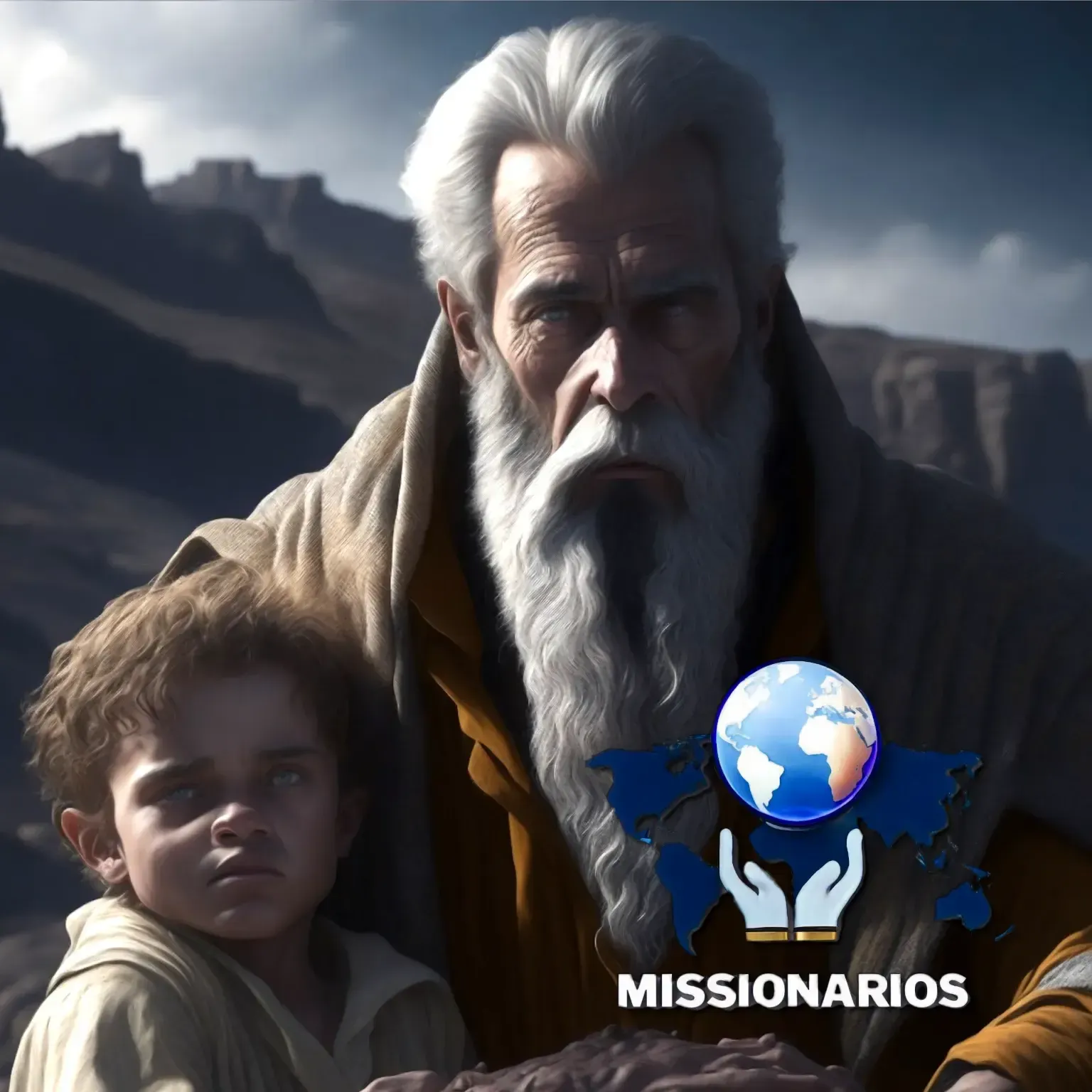 A imagem mostra uma representação de Abraão, com longas barbas brancas, roupas da época, abraçado com seu filho pequeno, Isaque, no topo do monte.