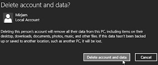 Windows 8.1, Paramètres PC, Comptes, Autres comptes, Supprimer le compte et les données. Cliquez sur 'Supprimer le compte et les données' pour confirmer l'élimination du compte utilisateur.