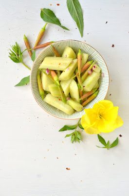 Salat aus Gurken und Chili mit Knospen der Nachtkerze. Der Salat ist in einer hellen Schüssel angerichtet, rundherum liegen Blätter, Knospen und Blüten der Nachtkerze.