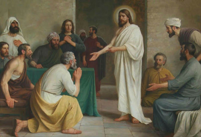 Jesus appears to the disciples in the upper room.