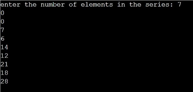 Write a python to print the 0,0,7,6,14,12,21,18, 28 series