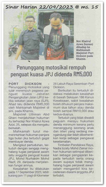 Penunggang motosikal rempuh penguat kuasa JPJ didenda RM5,000 - Keratan akhbar Sinar Harian 22 September 2023