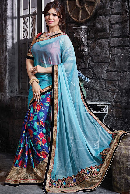  Blue Georgette Chiffon Embroidered Saree With Art Silk Blouse