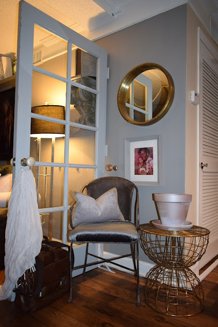 How to create a nook in a small living area;vintage chair;gold vintage round corner table; french door divider;JoFer Interiors