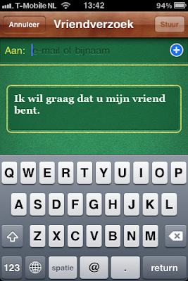 Scherm Vriendverzoek in Game Center op iPhone: Ik wil graag dat u mijn vriend bent.