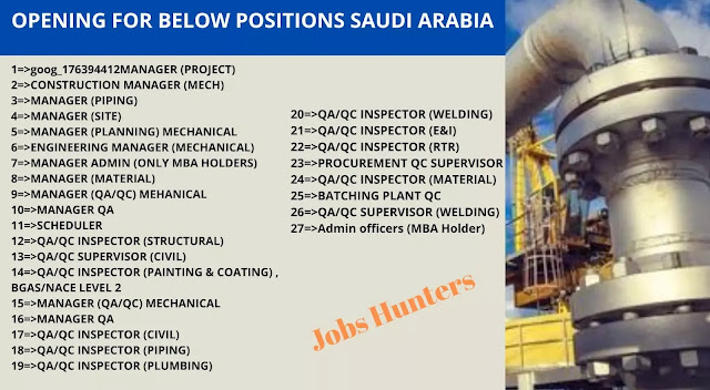 OPENING FOR BELOW POSITIONS SAUDI ARABIA