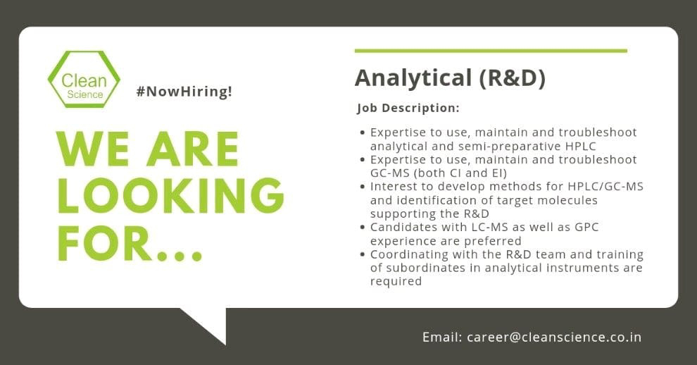 Job Availables,Clean Science Job Vacancy For Analytical ( R&D)