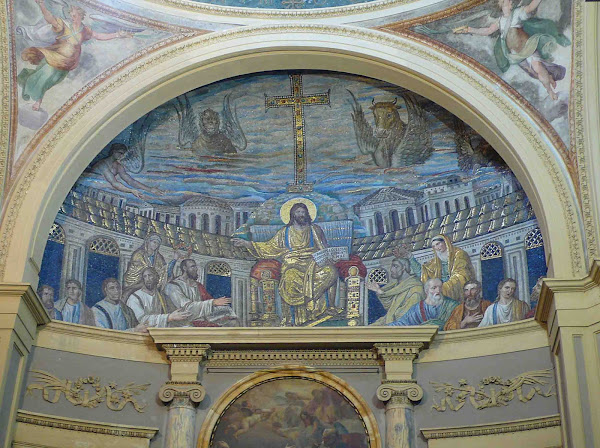 Imagen 169B | Una escena que muestra a Cristo Pantocrátor de un mosaico romano en la iglesia de Santa Pudenziana en Roma, c. 410 AD | Welleschik / Attribution-Share Alike 3.0 Unported