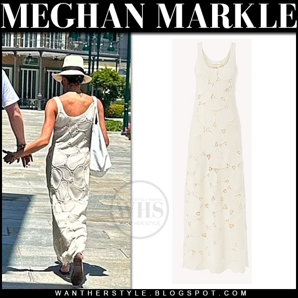 Meghan Markle in white crochet maxi dress