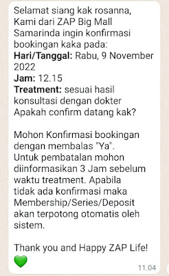 konfirmasi treatment prokes klinik kecantikan di samarinda zap clinic