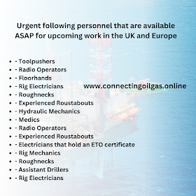 Urgent following personnel that are available ASAP for upcoming work in the UK and Europe