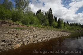 Место у безымянного ручья, где в 1492 году были установлены медеплавильные печи. Река Цильма - левый приток Печоры. Ненецкий автономный округ. Природа НАО.