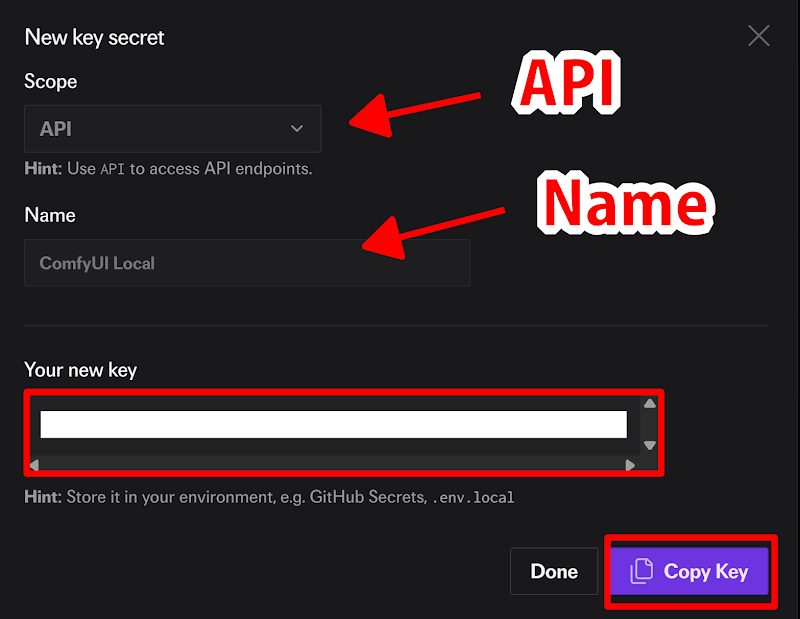 A screenshot of Fal.ai’s API key creation page, showing the key name input field and ‘Done’ button.