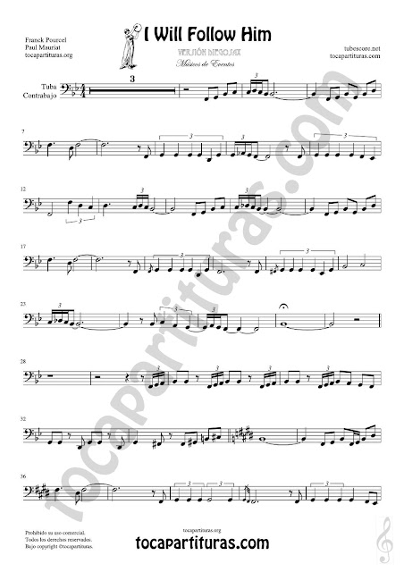 Hoja 1 de 2  Partitura de Yo le seguiré (I will follow him) Tuba y Contrabajo (Clave de Fa en 8ª Baja) Sheet Music for Contrabass y Tuba Music Score