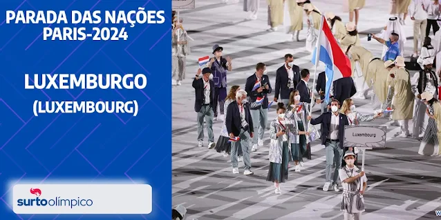 Do lado esquerdo, fundo azul com o texto "Parada das Nações Paris-2024 Luxemburgo (Luxemburg)" e abaixo a logo do Surto Olímpico. Do lado direito, foto da delegação de Luxemburgo.