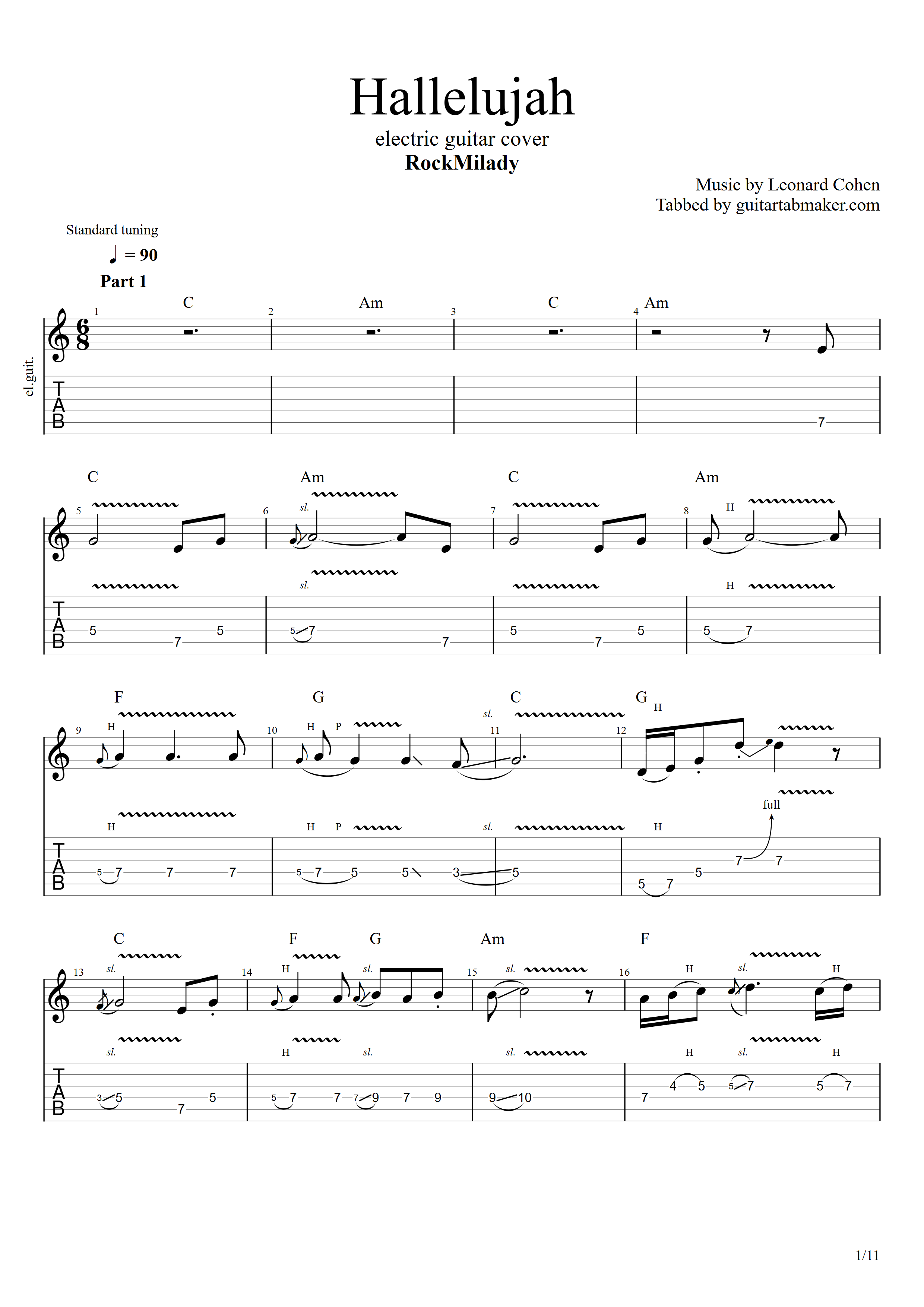 RockMilady - Hallelujah electric guitar TAB