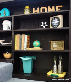 shelf, style, TJ MAXX, elephant, old books,pops of color, bookshelf, http://bec4-beyondthepicketfence.blogspot.com/2015/08/styling-difficult-to-style-shelves.html