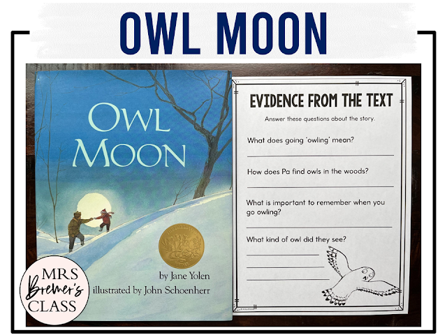 Owl Moon book activities unit with literacy printables, reading companion activities, lesson ideas, comprehension worksheets for winter in First Grade and Second Grade