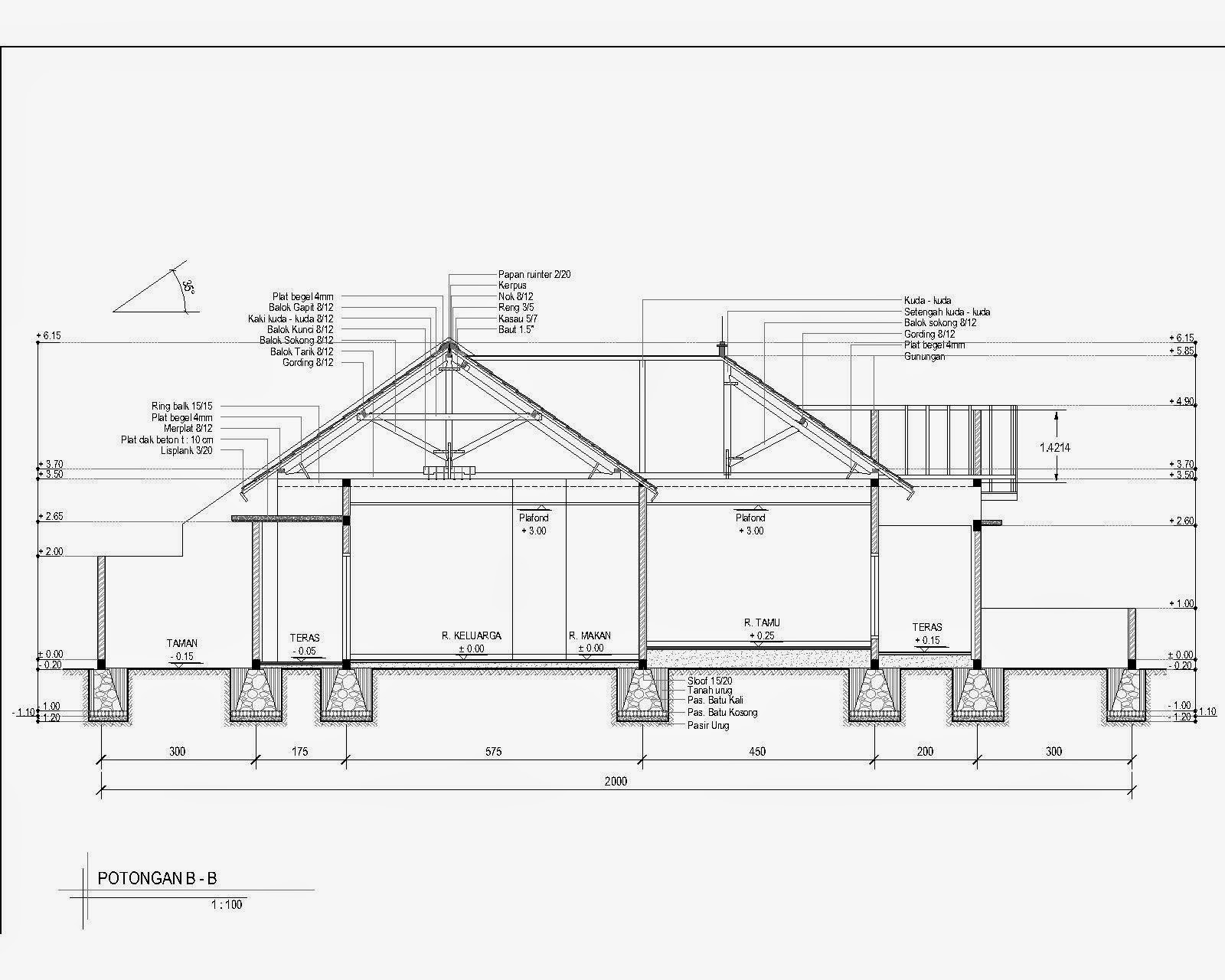 Contoh Gambar Potongan Rumah Minimalis menggunakan Autocad 