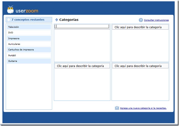 Pantalla de cardsorting abierto, el usuario arrastra los conceptos hasta las categorías. Puede editar el nombre de la categoría y crear una nueva.