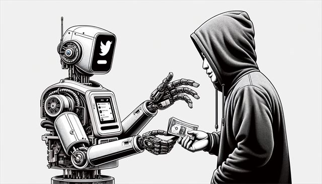 A black-and-white technical art in a horizontal format. The image depicts a scene where a bot, designed to automate operations on Twitter, is handing money to a Japanese man wearing a hoodie with the hood up. The style should be detailed and realistic, focusing on the interaction between the human and the bot in a technical, futuristic setting.