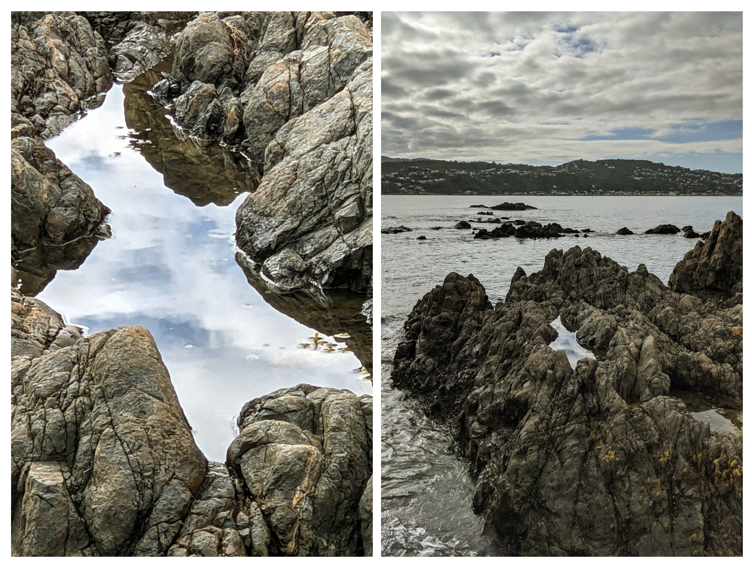 Near and far photo collage of a cartoon-esque rock pool shape