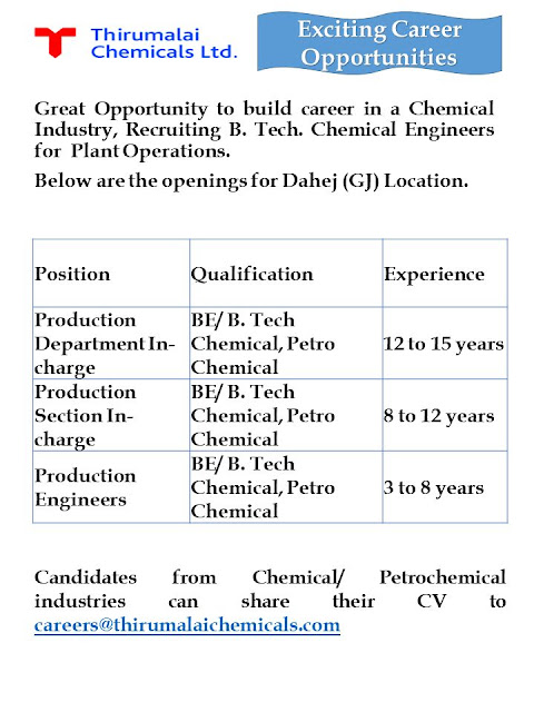 Thirumalai Chemicals Ltd Hiring For BE/ BTech Chemical, Petro Chemical - Production