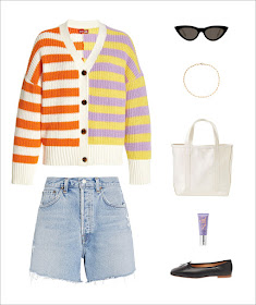 How to wear denim shorts for summer outfit idea with striped cardigan, cat-eye sunglasses, paper clip chain necklace, LL Bean canvas tote bag, cut-off shorts, black ballet flats, dewy tinted SPF moisturizer
